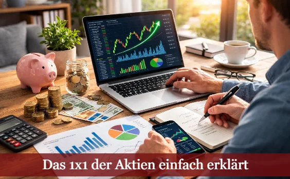 Mann am Schreibtisch beim Studieren von Aktienkursen. Text: Das 1x1 der Aktien einfach erklärt