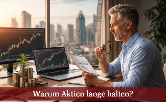 Investor überlegt vor Chart. Im Hintergrund Hochhäuser. Text: Warum Aktien lange halten?