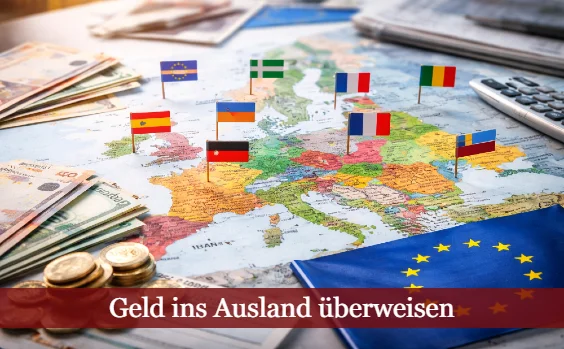 Länderkarte mit Fähnchen auf einem Schreibtisch. Geldstapel. Text: Geld ins Ausland überweisen