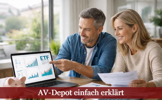 Frau und Mann tauschen sich am Laptop über das AV-Depot aus. Text: AV-Depot einfach erklärt
