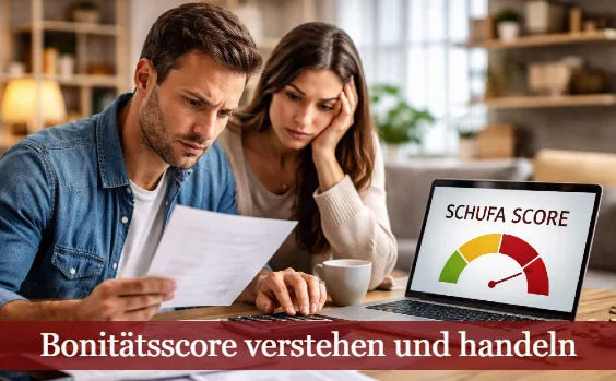 Paar beugt sich angestrengt schauen über Rechnungen. Text: Bonitätsscore verstehen und handeln