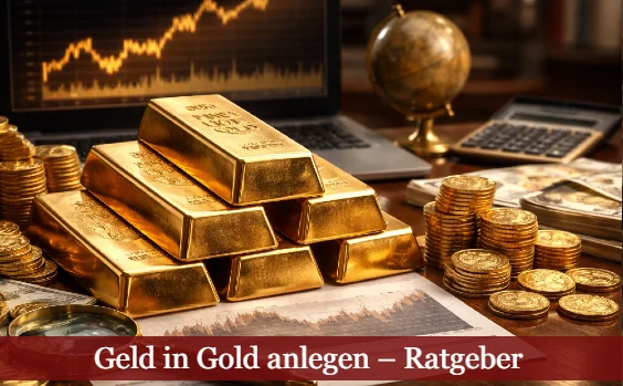 Goldbarren und Goldmünzen auf Schreibtisch. Text: Geld in Gold anlegen - Ratgeber