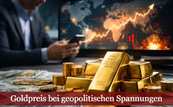 Goldbarren im Vordergrund, im Hintergrund Mann mit Smartphone, Charts. Text: Goldpreis bei geopolitischen Spannungen