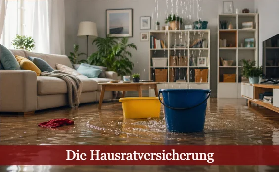 Wasserschaden im Wohnzimmer. Text: Die Hausratversicherung