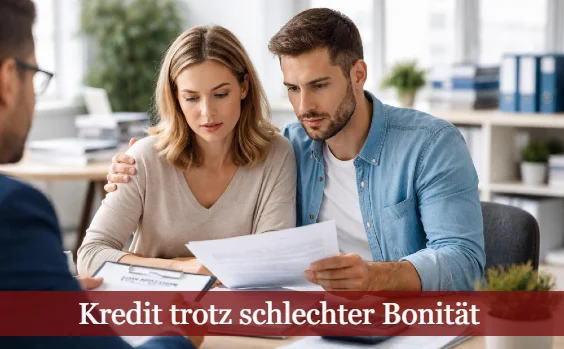 Junges Paar bei Kreditverhandlungen mit einem Bankberater. Text: Kredit trotz schlechter Bonität 