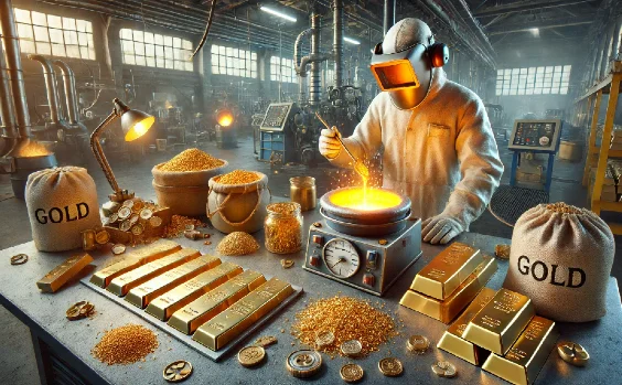 Gold wird eingeschmolzen und in Formen gegossen