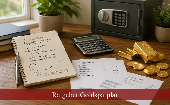 Symbolbild Goldsparplan. Text: Ratgeber Goldsparplan