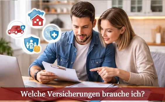 Junges Paar beim Versicherungsvergleich. Text: Welche Versicherungen brauche ich? 