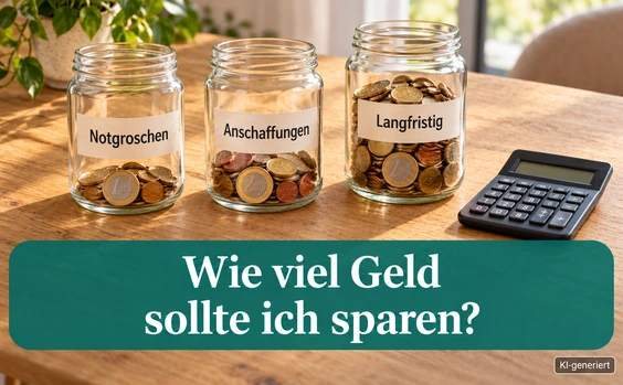 Drei Gläser mit Spartöpfen - Text: Wie viel Geld sollte ich sparen?