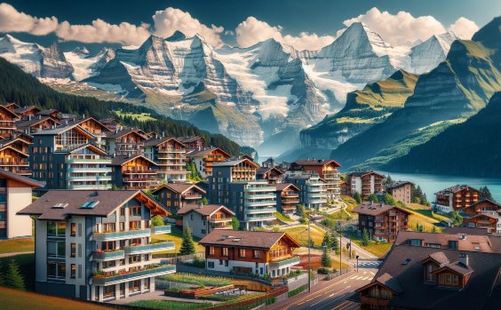 Schweizer Wohnungen, im Hintergrund Berge
