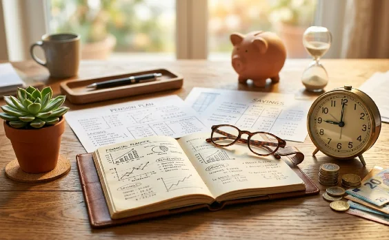 Geld und Wecker auf einem Schreibtisch