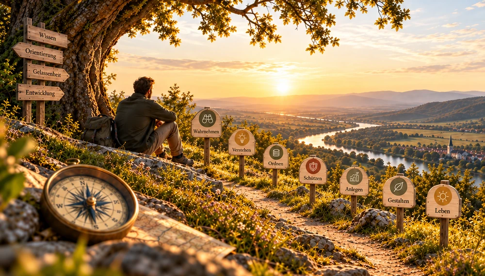 Der Geld-Welten-Weg bei Sonnenuntergang mit Kompass und den sieben Wegstationen Wahrnehmen, Verstehen, Ordnen, Schützen, Anlegen, Gestalten und Leben.