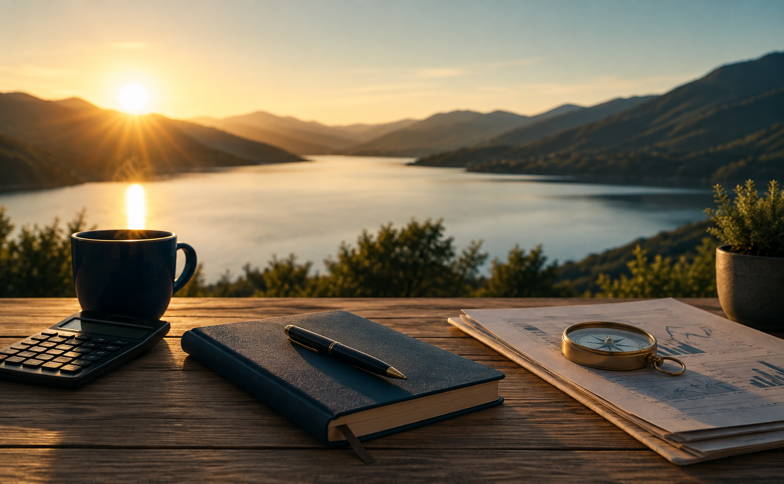 Finanzplanung mit Notizbuch, Rechner und Kompass vor ruhiger Landschaft